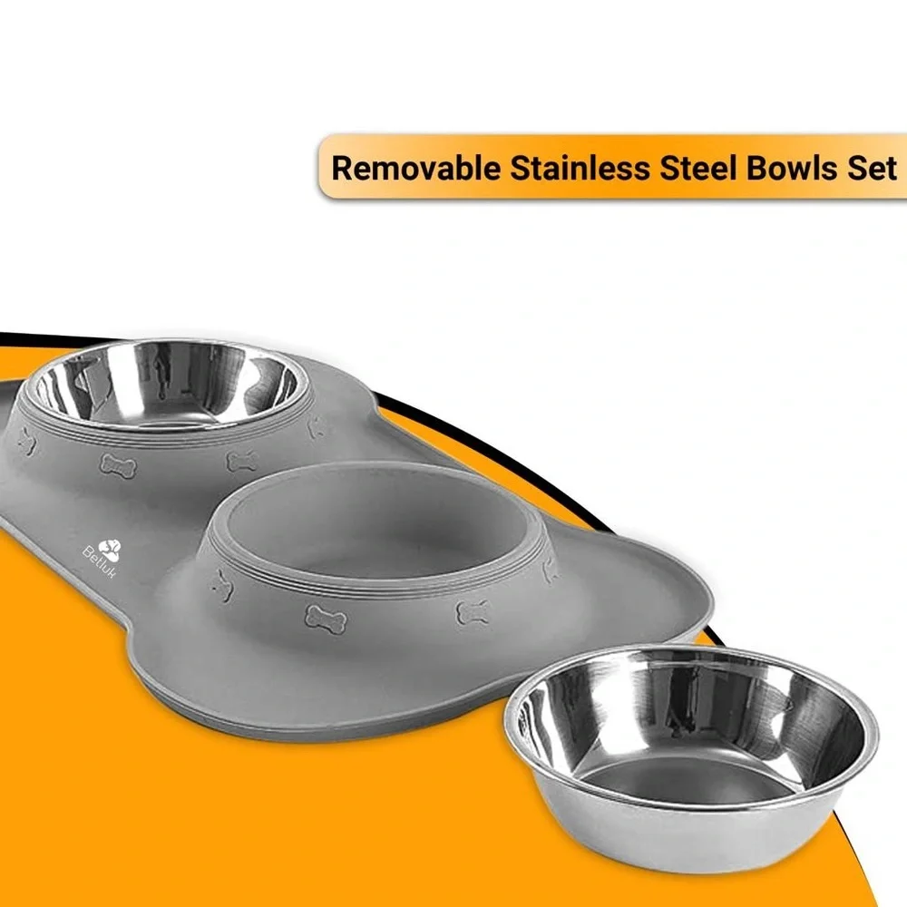 Dog Cat Double Bowl Puppy Food Water Feeder Stainless Steel Pets Drinking Dish
